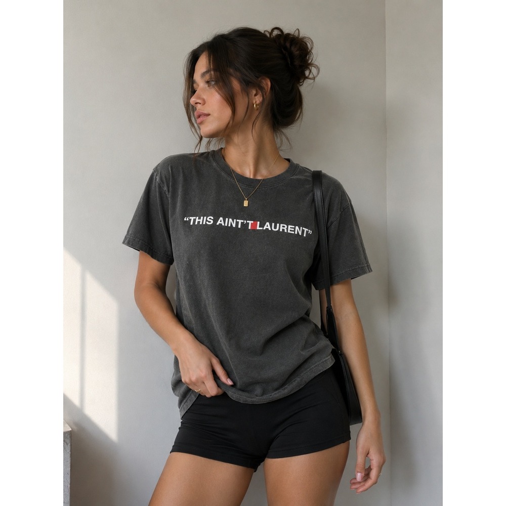 Fashion Nova Womens Graphic T Shirt Small‎ Faded Gray This Aint Laurent Y2K NWT
